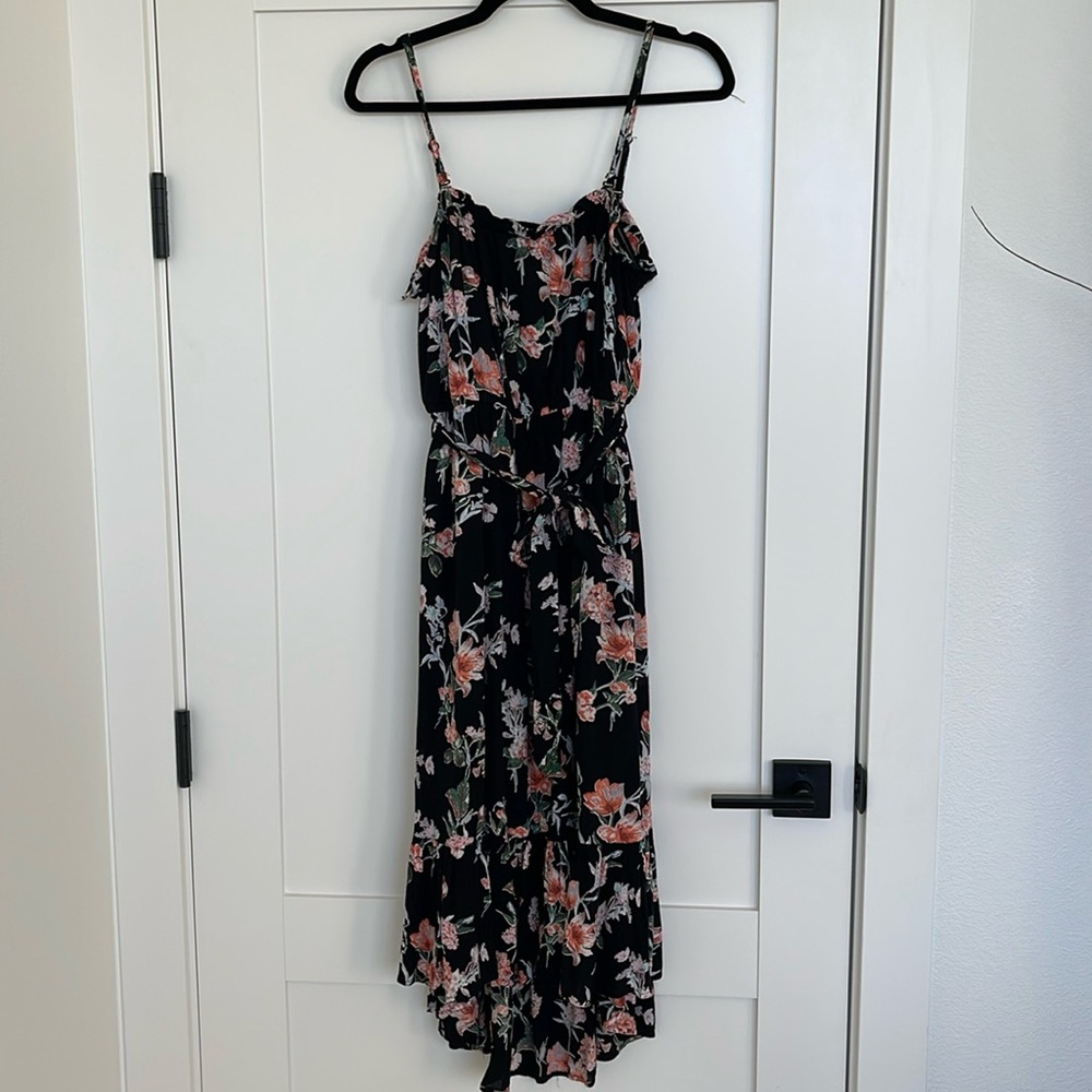 Floral high low belted dress with adjustable removable straps